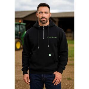 NWT JOHN DEERE Men’s Hoodie Sweatshirt Large Black 1/4 Zip Kangaroo Pocket Logo